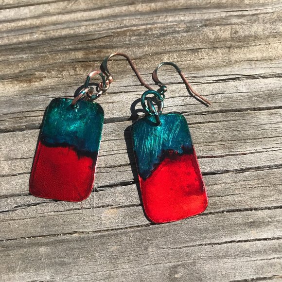 Abstract Brutalist Rustic Solid Pure Copper Earrings Red Handmade Geometric Blue - Picture 2 of 5